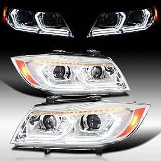 Autozensation Compatible with 2006-2011 BMW 3-Series E90 Sedan/E91 Wagon, Left + Right Pair Headlamps Assembly, Chrome Dual Projector Headlights with 3D LED Tube and Dynamic Startup Effect