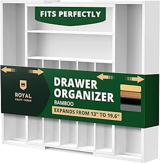 ROYAL CRAFT WOOD Luxury Bamboo Kitchen Drawer Organizer - Silverware Organizer/Utensil Holder and Cutlery Tray with Grooved Drawer Dividers for Flatware and Kitchen Utensils (9 Slot, White)