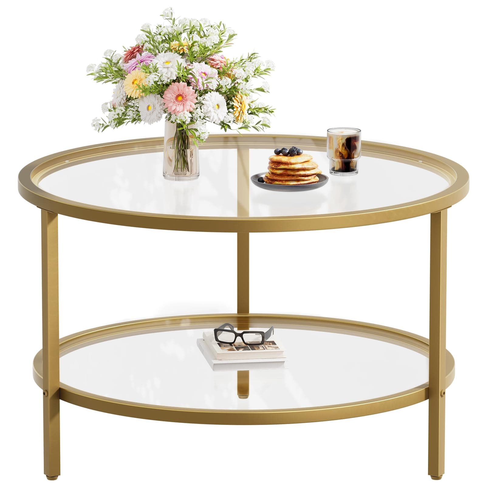 Round Glass Coffee Table 2 Tier Coffee Tables with Storage Shelf for Large or Small Space Modern Simple Center Table with Gold Frame for Living Room Home Office, Easy Assembly…