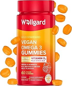 Vegan Omega 3 Gummies by Wellgard - Chewable Algae-Derived DHA & ALA, Omega 3 Supplements, Allergen-Free, Natural Flavour, Formulated in UK