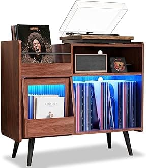 Large Record Player Stand with Sliding Door,350 Vinyl Record Storage Cabinet, Record Player Table with Power Outlet and LED Light,Turntable Stand with Wood Legs for Living Room,Office