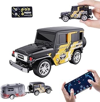 Mini RC Car with APP Control, 1:64 Scale Off-Road Vehicle & Trailer Toy, 2.4GHz Wireless Remote Control, LED Lights, Alloy Case, MultiControl Modes, Speed/Steering Adjustable (Black)