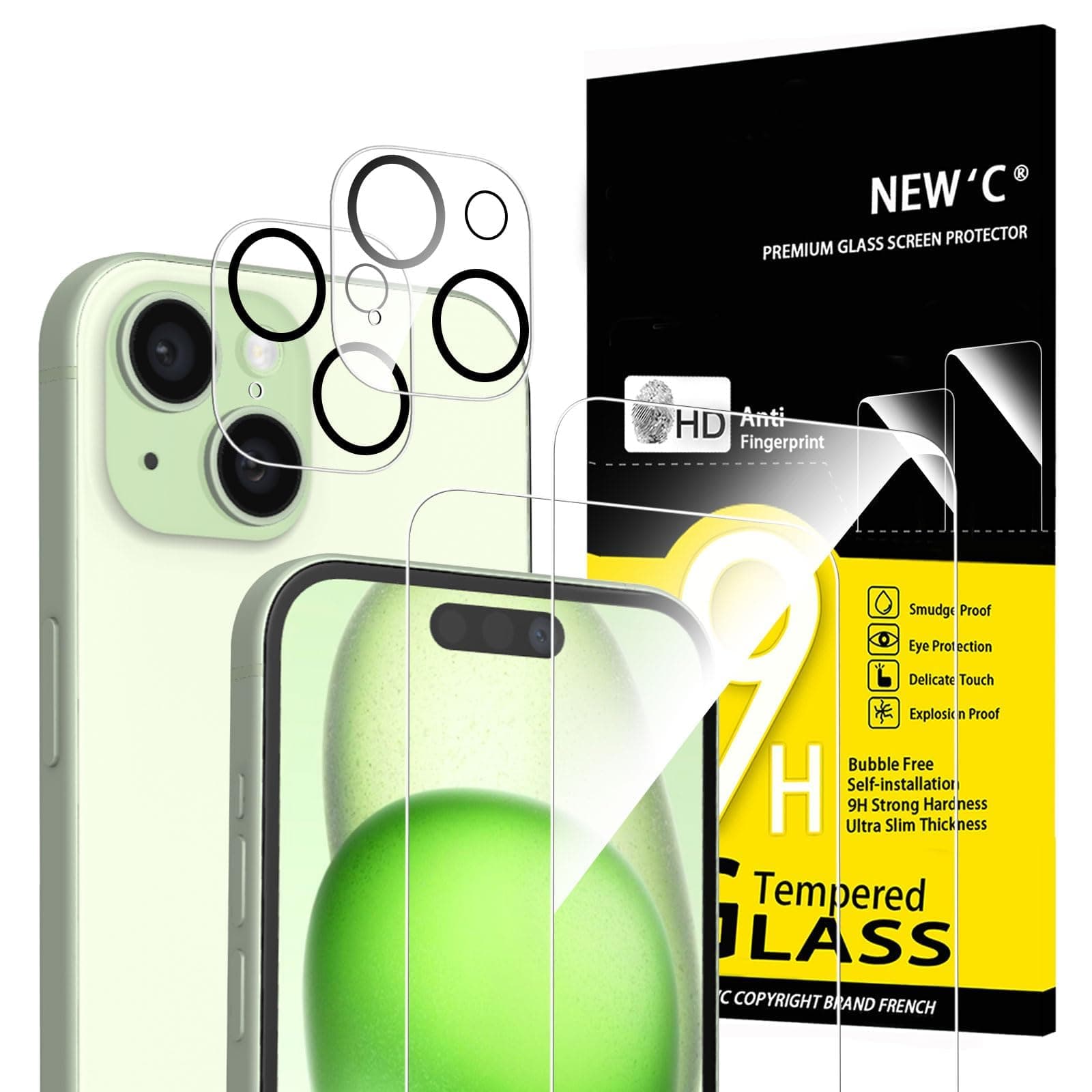 NEW'C 4 Pack, 2 Pack for iPhone 15 Screen Protector (6.1 inch) + 2 Pack Camera Lens Protector, Sensor Protection,Case Friendly Tempered Glass Film