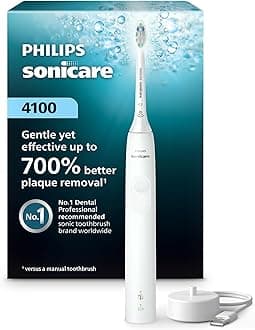 4100 Rechargeable Electric Toothbrush, with Pressure Sensor, 2 Intensity Settings, SmarTimer and QuadPacer, 14-Day Battery Life, White, Model HX368123.