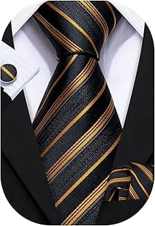 Barry.Wang Tie Sets for Men Silk Stripe Necktie Woven Checkered Handkerchief Cufflinks Formal Business Wedding