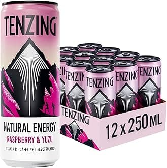 TENZING Natural Energy Drink, Plant Based, Vegan, & Gluten Free Drink, Raspberry & Yuzu, 250ml (Pack of 12) - Packaging may vary