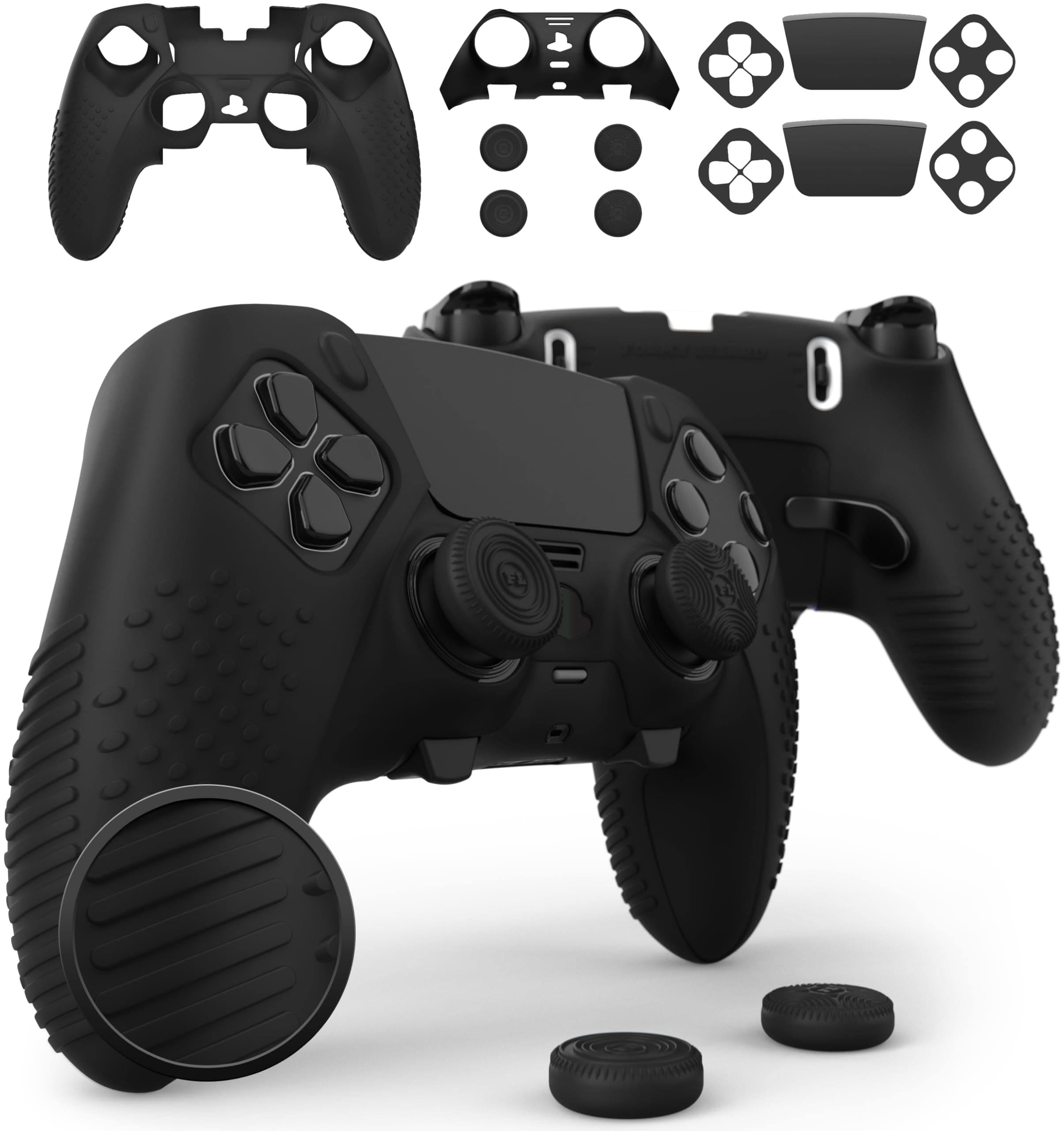 Foamy Lizard Eclipse PS5 Edge Controller Skin Combo Set | Dock Compatible, Protector Decals, Anti-Slip Soft Gel Silicone Cover, Faceplate Shell & Thumb Grips for Playstation 5 DualSense Edge (Black)