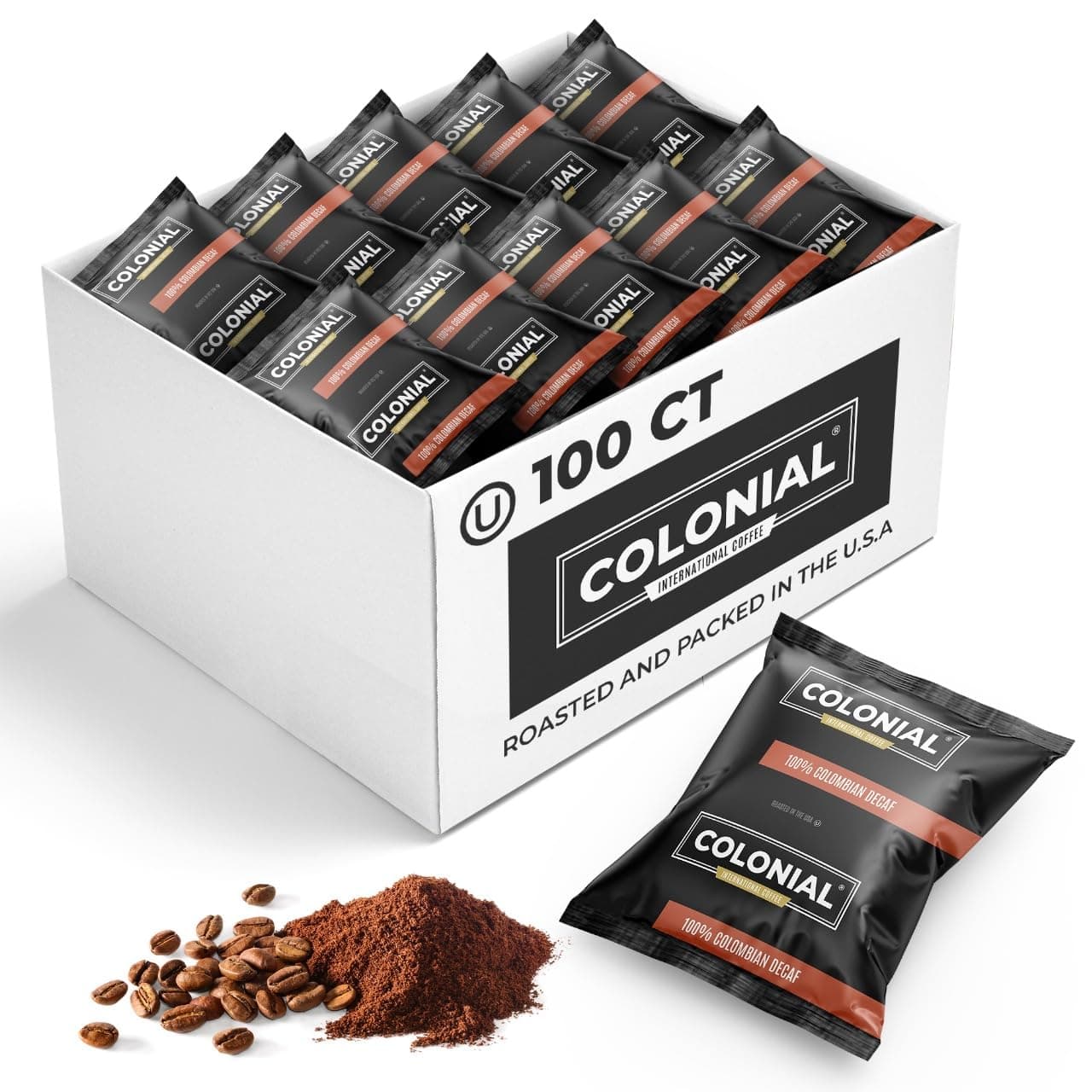Colonial Coffee 100 Count Single Pot Coffee Packets – 100% Arabica Decaf Colombian Medium Roast | Pre-Measured Frac Packs for 12 Cup Maker | Bulk Ground Gourmet Coffee for Home & Office