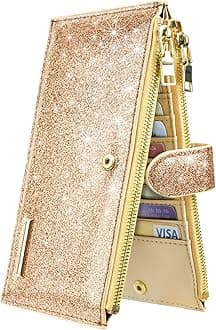 Womens RFID Blocking Large Capacity Wallet Multi Card Organizer Bifold Wallet for Women with Zipper Pocket, Glitter Gold, Large, Casual