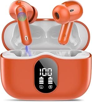 Wireless Earbuds, Bluetooth 5.4 Headphones Bass Stereo, Ear Buds with Noise Cancelling Mic, IP7 Waterproof in Ear Earphones, 36H LED Display Bluetooth Earbuds for Laptop Pad Phones, Deep Orange