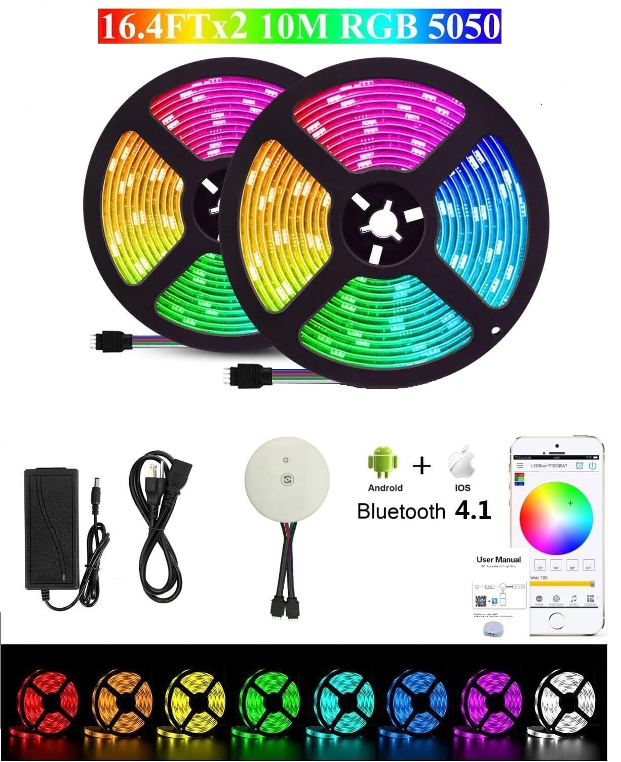 Topled Light Bluetooth LED Strip Light, 16.4FTx2 Flexible RGB Strip Light Kit,5050 SMD 300Leds Rope Light for iOS/Android App Controlled for Festival Decoration (2x5M Bluetooth Light Strip)