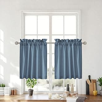 RYB HOMEShort Kitchen Valances and Curtain Set, Thick Faux Linen Blended Topper Privacy Protect Short Cafe Curtains for Bathroom, 2 Panels, Rod Pocket, Stone Blue, W 26 x L 24 inch