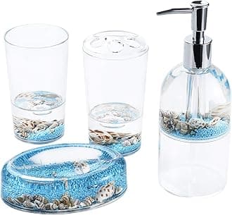 Locco Decor 4 Piece Acrylic Liquid 3D Floating Motion Bathroom Vanity Accessory Set Oceam Theme Sea Shell Conch Toothbrush Holder, Tumbler, Soap Dispenser, Soap Dish