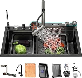 Kitchen Sink Black Stainless Steel Waterfall Kitchen Sink Multifunctional Digital Display Sink with New Dual Mode Faucet and Multiple Accessories (75x45x22CM)