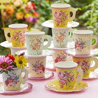 Talking Tables 24 x Vintage Floral Paper Tea Cups & Saucer Set, Disposable Tea Cups for Easter, Afternoon Tea Parties, Bridal Shower, Mothers Day, Wedding, Birthday, Birthday Party Decorations 7 oz