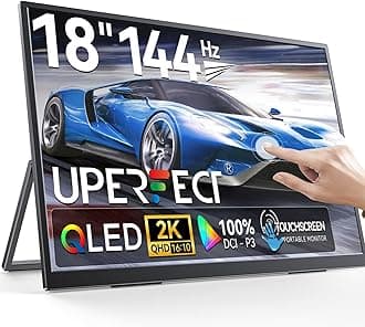 UPERFECT18" QLED Touchscreen Portable Monitor, 2K 2560×1600 QHD 144Hz, 500 Nits, 100% DCI-P3, FreeSync HDR, Slim Frameless Laptop Display w/VESA & 180° Adjustable Stand, Second Screen for PC Phone