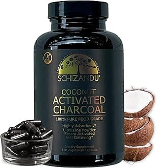 Schizandu Organics Activated Coconut Charcoal Capsules, 600mg per Serving, 100% Pure Detox, Non GMO, 210 Pills - Use for Detoxification, Teeth Whitening, Digestion, Hangovers