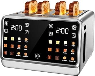 4 Slice Toaster– Dual Digital Smart TouchScreen & Independent Control Panel | Single-Slot Tech, Timer/Reheat/Defrost for Bagels, Bread | 1800W Stainless Steel, 6 Toast Types & Shade Settings