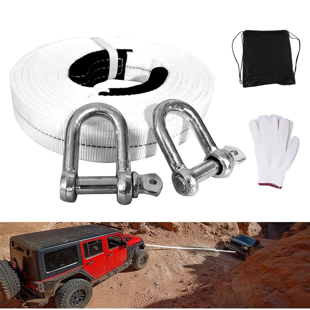 Tow Rope 5 M Reflect Light Heavy Duty Car Towing Strap Trailer Strap Load 10 Ton Nylon Braid Lifting Sling Straps with Safety Hooks Shackle for Towing Cars Vehicles Emergency Recovery Securing Tool