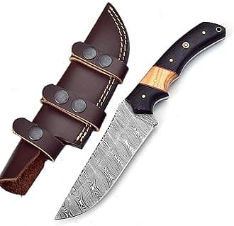 Handmade Damascus Steel Knife Hunting Fixed Blade Knife For Camping, Survival and Outdoor Activities 10 Inches Overall Length with Leather Sheath, Olive & Wenge Wood Handle 348-Y