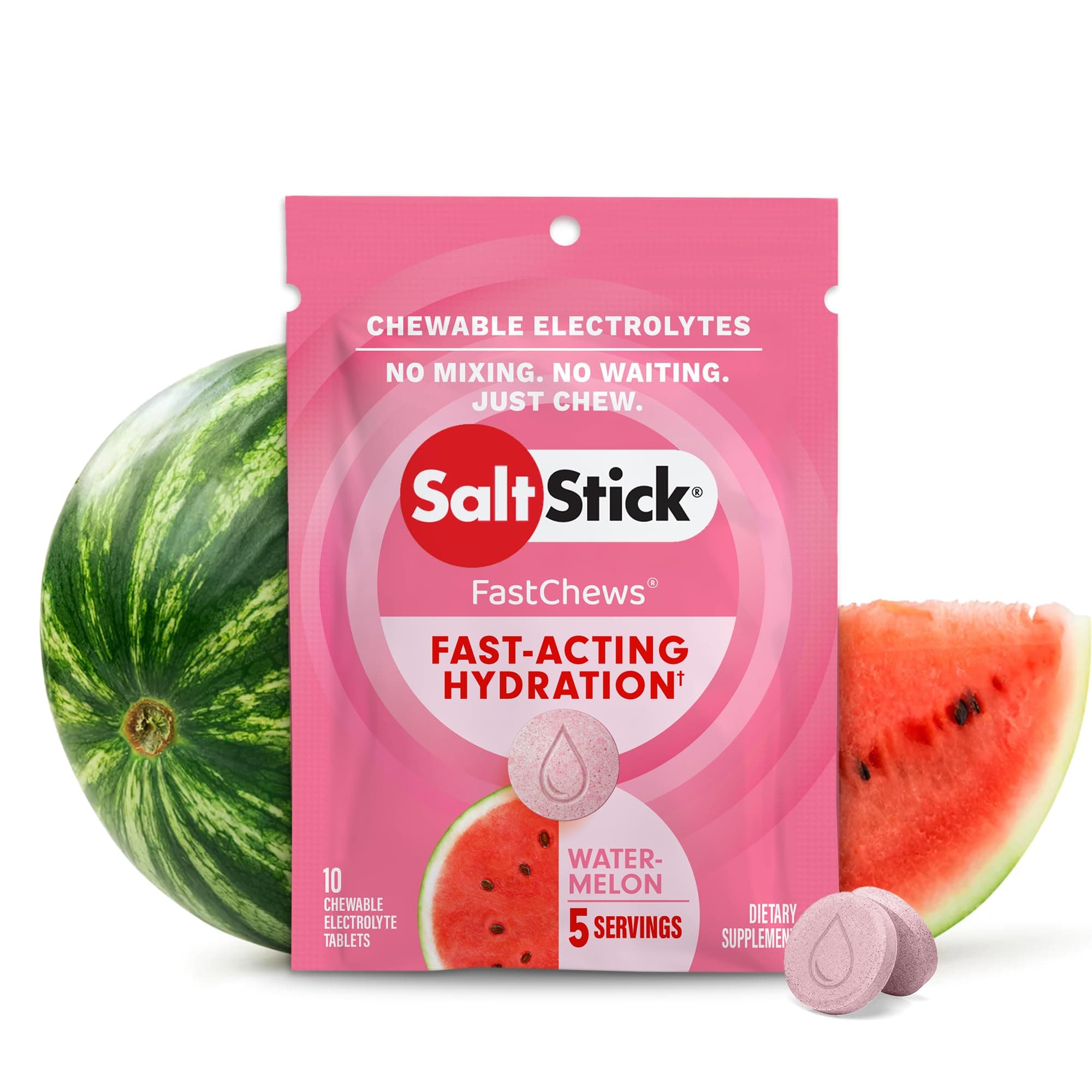SaltStick Fastchews Watermelon Zip Pack 10 Electrolyte Chewable Tablets with Salt, Minerals (Sodium, Potassium, Calcium, Magnesium) and Carbohydrates, 33g