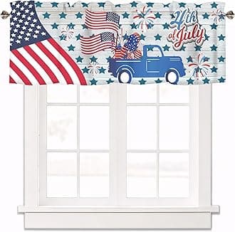 Independence Day Curtain Valance for Windows American Flag July 4th Truck Rod Pocket Window Treatments 1 Panel Short Curtains for Kitchen Windows Bathroom Bedroom,42 x 12 Inch