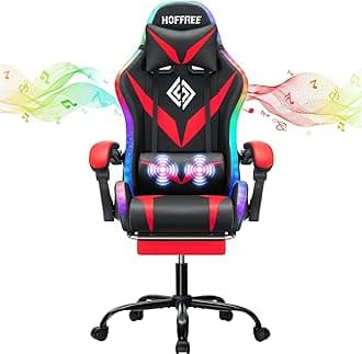 HOFFREE Gaming Chair Massage with Bluetooth Speakers and Led Lights Ergonomic Computer Gaming Chair with Footrest RGB Video Game Chair with High Back Lumbar Support Red and Black