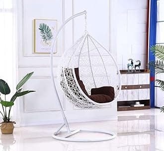 Karnak Indoor Outdoor Patio Wicker Hanging Chair Swing Egg Basket Chairs with Stand UV Resistant Cushions 120kg Capacity for Patio Backyard Balcony Random Color Cushions (WHITE - WITH ASSEMBLY)