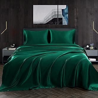 Homiest 4pcs Satin Sheets Set Luxury Silky Satin Bedding Set with Deep Pocket, 1 Fitted Sheet + 1 Flat Sheet + 2 Pillowcases (Cal King Size, Blackish Green)
