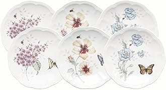 Lenox Dinnerware Set, Butterfly Meadow 6-Piece Tidbit Plate Set, Service For 6, Durable Porcelain Appetizer Plates, Dishwasher And Microwave Safe, Ceramic Plates, Salad Plate (Assorted, 6 Piece)