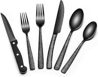 EWFEN 24-Piece Black Silverware Set with Steak Knives, Black Flatware Set for 4, Food-Grade Stainless Steel Tableware Cutlery Set, Mirror Finished Utensil Sets for Home Restaurant, Wave Hammered