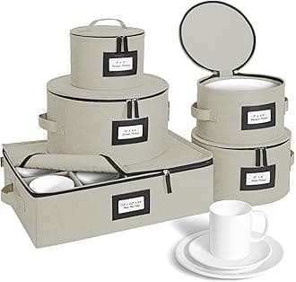China Storage Containers, Sturdy Quilted Wine Glass Storage, Plate Organizer with Carry Handles, Moving Boxes for Dishes, Cups, Mugs and Stemware (Plate Mug Combo, Hard Shell Cream)