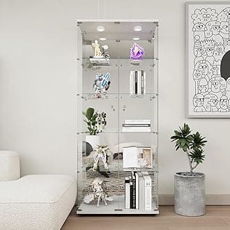 Beauty4U Glass Display Cabinet with LED Lights and Mirror, 5 Shelves with 2 Doors, Curio Cabinets for Living Room, Bedroom, Office, White Floor Standing Glass Bookshelf, Quick Installation