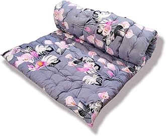 Deevine Craft Soft Cotton Quilt Mattress Foldable Movable Picnic Light Weight Filled Single Firm Mattress| Gadda (3D Design Printed, 1 Sleeping Capacity, 3 x 6 ft or 72 x 36 Inches) (Grey Pink Floral)