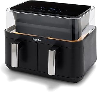 GreenPan Clearview 10QT Double Air Fryer, 360° Clear Window, PFAS-Free Ceramic Nonstick 5QT Drawers & Trays, Dual Cooking, 12-Presets, Shake Reminder, Keep Warm, Dishwasher Safe Parts