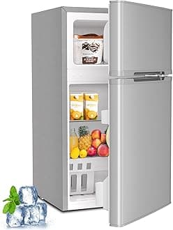 Kismile Mini Fridge with Freezer,3.2 Cu.Ft Compact Mini Refrigerator with Double 2 Door,Adjustable Temperature,Full Size for Home,Kitchen,Dorm,Apartment,Retro Grey