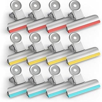 HOUSE AGAIN 12 Pack Stainless Steel Chip Bag Clips Covered with Silicone NO More Sharp Edges, Bulldog Clips for Food Bags Air Tight Seal, Heavy Duty Binder Paper Clips for Kitchen and Office, 3 Inches