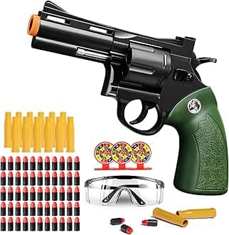 Toy Revolver Gun Shell Ejecting Toy Gun, Toy Gun Pistols with 80 Soft Bullets, 12 Shells, 1 Goggles and 3 Targets, Educational Model Toys Shooting Games Gifts for Boys and Girls, Kids 6+ Years Old