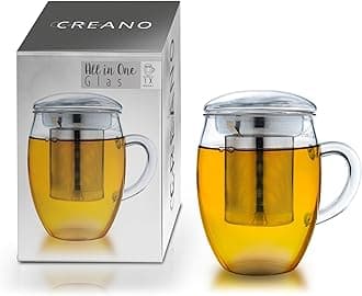 Creano Tea Glass with Stainless Steel Infuser and Lid 400ml - Large Tea Cup - Microwave & Dishwasher Safe - Loose Leaf Tea Maker Gift Set