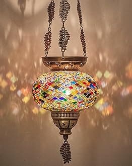 Turkish Moroccan Tiffany Glass Mosaic Hanging Candle Holder Lantern with Handmade Colorful Glass Globe and Metal Leaf Chains, 60 cm (Multicolor)