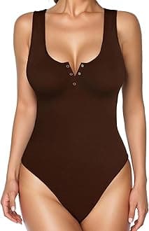 Popilush Bodysuits for Women Tummy Control Henley Going Out Shirts Button Down Body Suit Thong Tank Tops