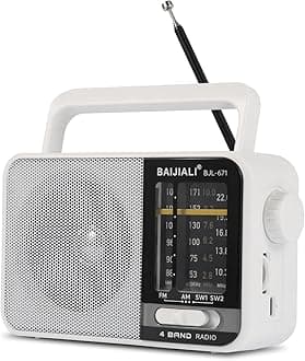 AM FM SW Portable Radio - Dual Power (Battery/USB) Emergency Receiver with Loudspeaker, Transistor Design for Indoor/Outdoor, Travel & Survival Kit Ready (White, BJL-671)