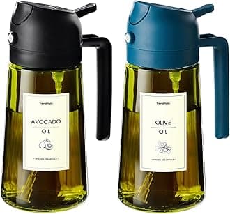 TrendPlain 470ml Olive Oil Spray Bottle - 2 in 1 Olive Oil Dispenser Bottle for Kitchen Accessories - Kitchen Gadgets, For Air Fryer - with Stickers, Light Blocking - Black & Navy
