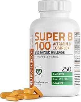 Super B 100 Vitamin B Complex Sustained Release Contains All B Vitamins (Vitamin B1, B2, B3, B6, B9 - Folic Acid, B12) Supports Energy Metabolism & Nervous System Health, Non-GMO, 250 Tablets