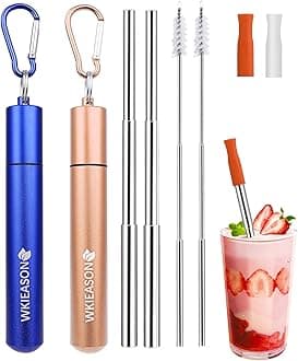 WKIEASON 2 Pack Portable Metal Drinking Straws Collapsible Stainless Steel Straws Telescopic Reusable Straw with Aluminum Key-Ring Case & Cleaning Brush and Silicone Tips for Travel Home Work