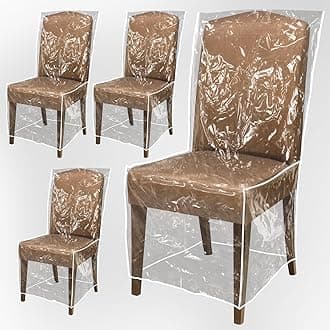 4 Pack Plastic Dining Chair Protectors with Backrests- Waterproof Thickened PVC Chair Seat Covers Removable Washable Chair Slipcover Keeping Your Dining Chair Away from Water Dust Pet Hair Paws Claws