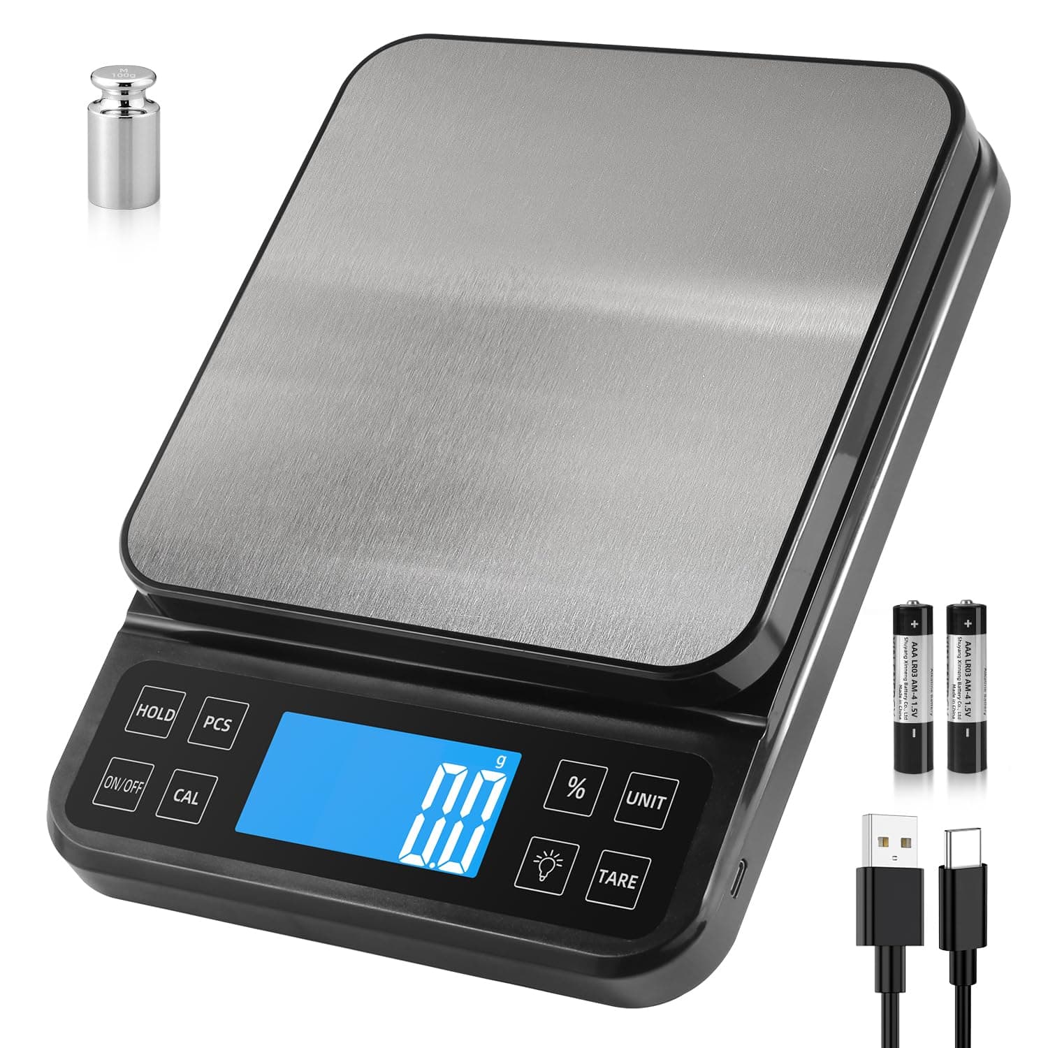 BOMATA Large Kitchen Scale with 0.1g High Precision, Capacity 5kg, Bakery Scale with% Percentage Function, USB Rechargeable, Full-View Angle LCD with Backlight, Stainless Steel Pan
