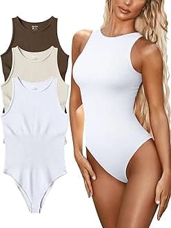 FUNNYBSGFUNNYBSG Women’s Sexy Ribbed Bodysuit Tops - 3 Piece Sleeveless Halter Neck Bodysuits with Tummy Control (Color : Coffee Beige White, Size : L)