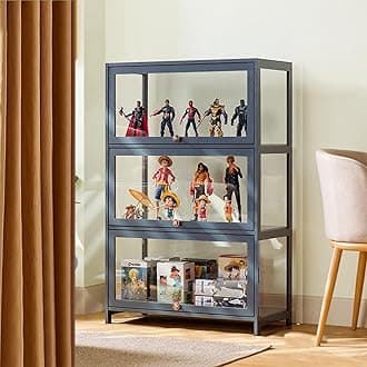 Curio Display Case with glass Cabinet Door,large Flip Door Display Cabinet,Storage Shelves with Acrylic Glass Door,Collectibles Toy Organizers Rack,Glass curio cabinet for Collectibles 70*106cm gray