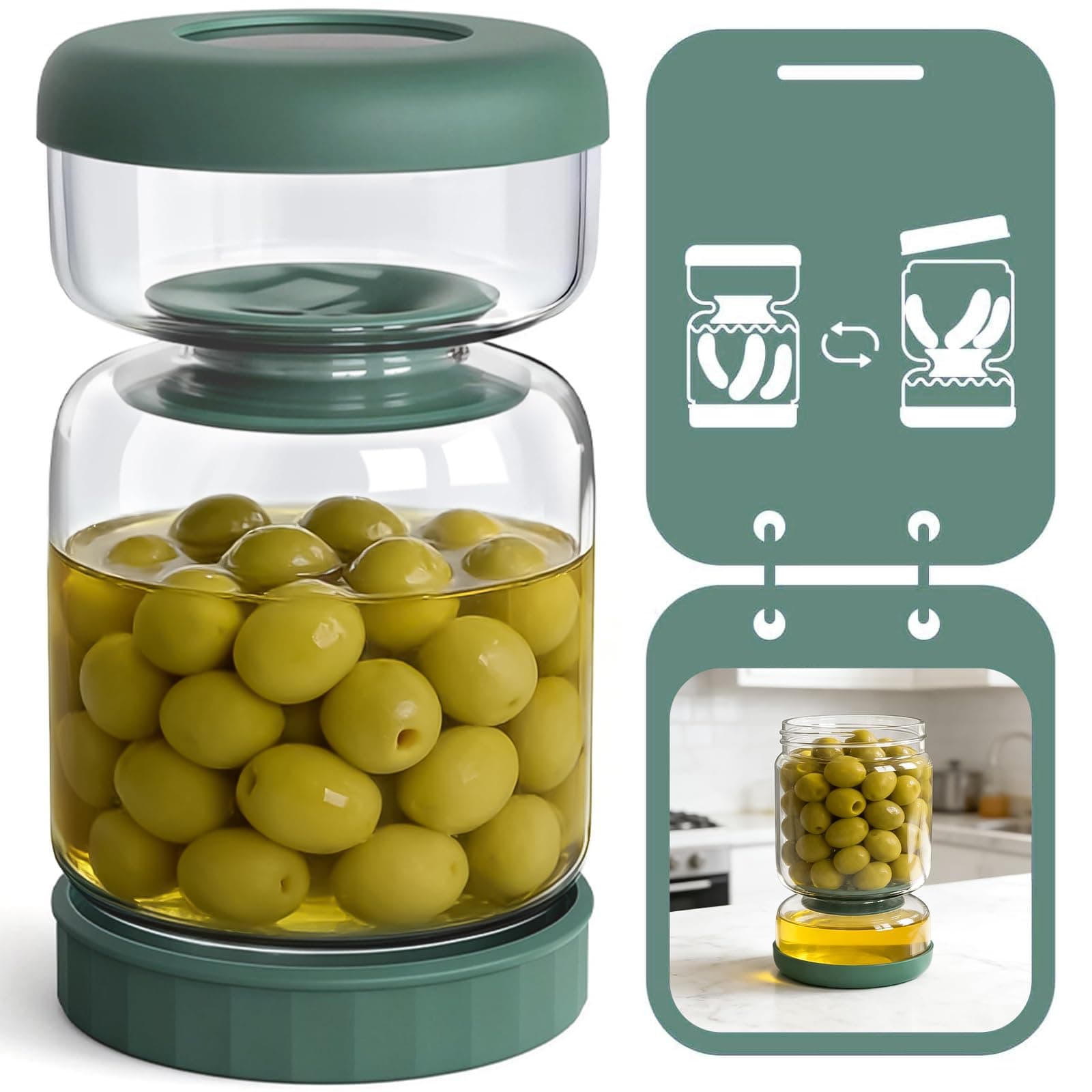 Pickle Jar with Strainer Flip, 34oz Container Strainer, Glass Storage Container, and Olive Hourglass Lid, Leakproof Flip for Olives,Jalapenos,Beets, Green